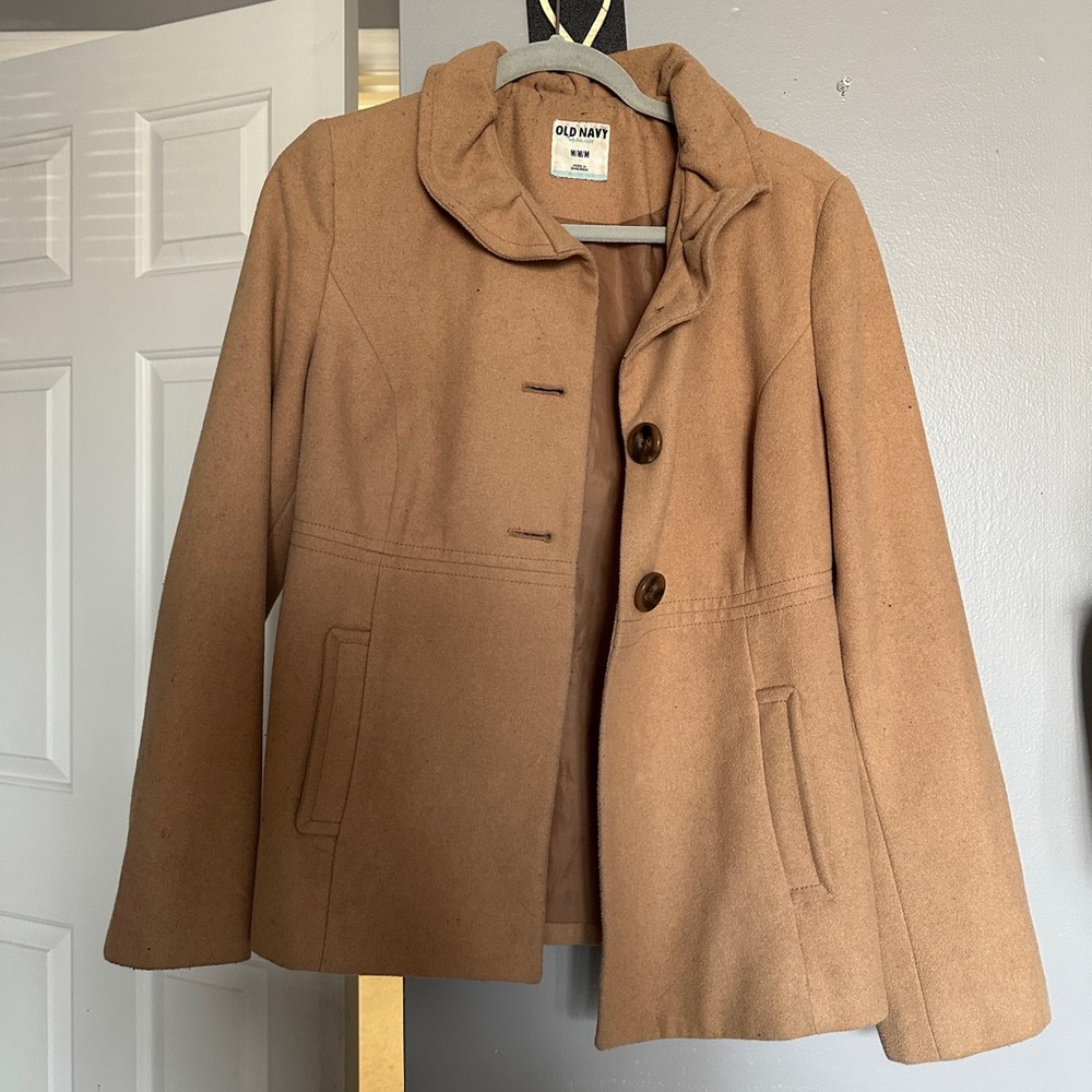 brown beige peacoat with lettuce trim ruffle collar